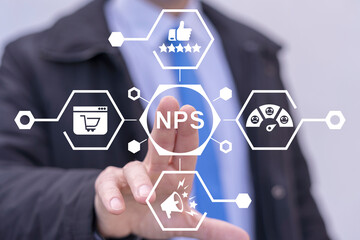 Man using virtual touchscreen presses text: NPS. Net Promoter Score ( NPS ) measuring customer...
