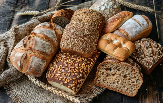 Variety of bread with whole grains on a rustic wooden surface Emphasizing healthy gourmet breakfast