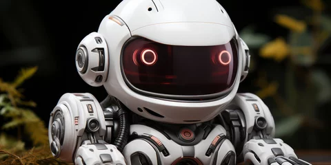 Poster A white humanoid robot seated with glowing red eyes, suggesting advanced AI © jockermax3d