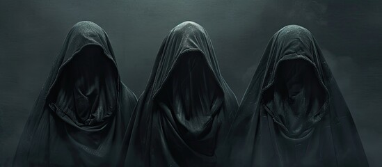 Three ominous figures stand in the shadows, their faces hidden by dark hooded cloaks. The eerie scene exudes an air of mystery and foreboding.