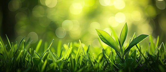 A detailed view of a vibrant green plant surrounded by grass, captured with a blurred Bokeh effect, perfect for background or wallpaper photography.