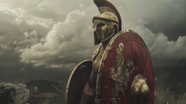 A Spartan Hoplite proudly displays the emblem of his city on his shield ready to defend it with his life.