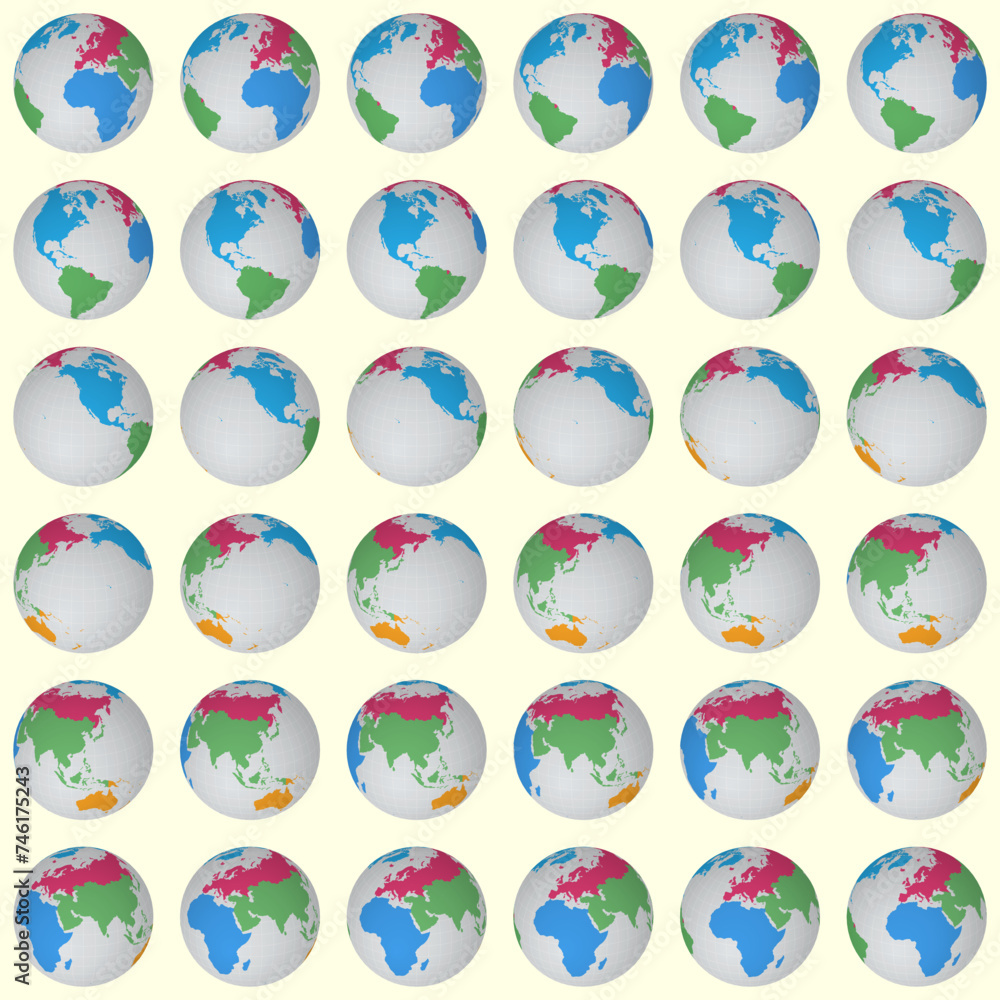 Poster collection of planet globes. slanted sphere view. rotation step 10 degrees. colored continents style