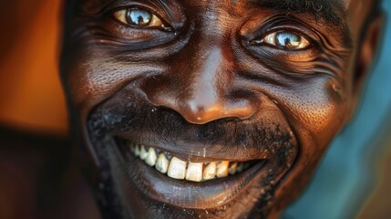 Closeup portrait of a happy smiling senior mature African American man with wide smile. AI Generated 