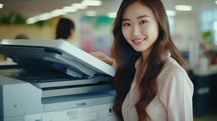 Businesswoman standing next to a photocopier
