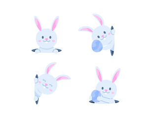 Illustration of the Easter Bunny. Rabbits appear from holes. holding easter eggs. Set or collection of funny, cute and adorable animal character illustrations. graphic elements. Easter day
