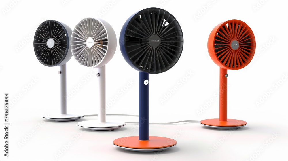 Poster a stand fan with detachable panels in different colors allowing users to customize the look of their