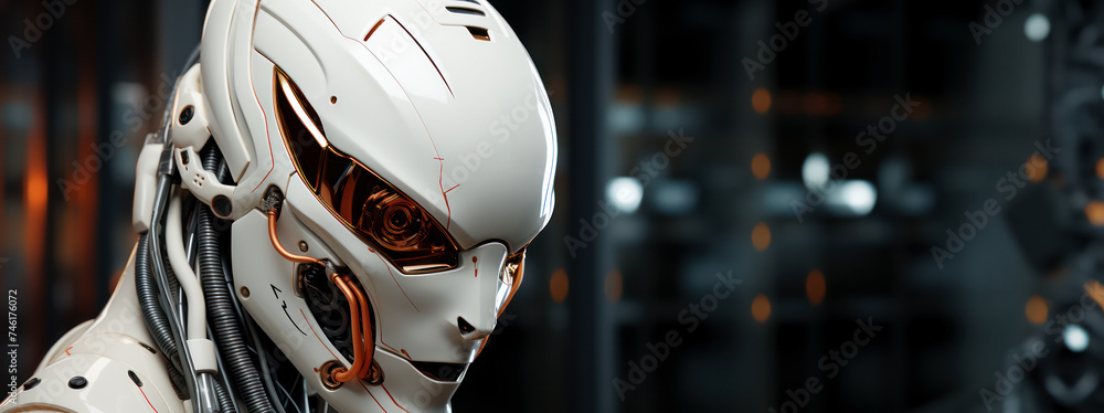 Poster A sophisticated robot head profile with intricate details and a deep gaze