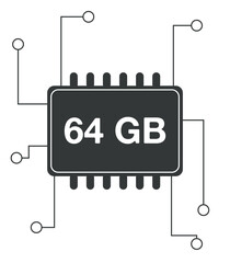 64 GB Ram. Ram memory with electrical circuits, technology and computer processing concept
