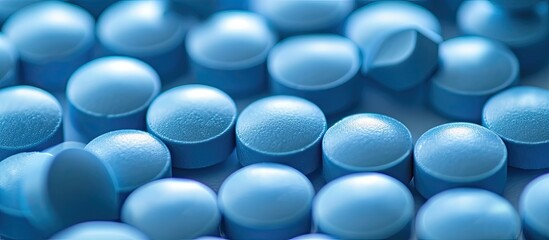 Closeup of a large number of blue pills arranged on top of a table.