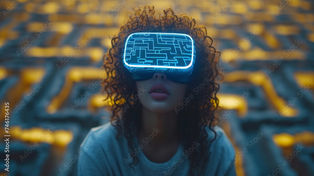 Aufkleber a person wearing virtual reality goggles and surrounded by a digital maze symbolizing the use of tec