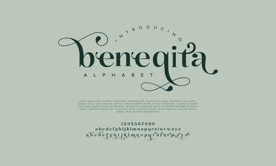 Beneqita premium luxury romadhon alphabet letters and numbers. Elegant wedding typography islamic ramadan serif font decorative vintage retro. Creative vector illustration
