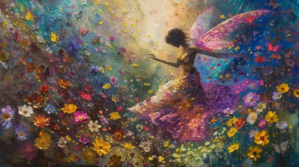 Sylph dancing amid the rainbow flowers in a fantasy bloom - obrazy, fototapety, plakaty