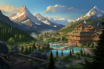 Picturesque Resort mountains landscape. Scenery alpine. Generate AI - obrazy, fototapety, plakaty