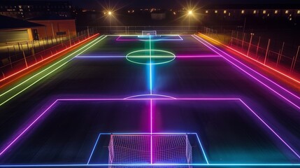 The rehabilitation of a dilapidated soccer field through neon art - obrazy, fototapety, plakaty