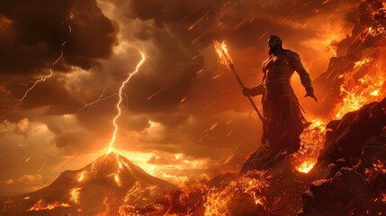 Vulcan creating thunderbolts for Zeus amidst a fiery volcano - obrazy, fototapety, plakaty