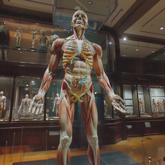 Craft a  unique 3D animation depicting a virtual tour of a giant human anatomy model explaining different medical conditions inside a museum