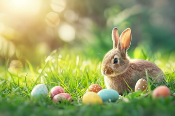 little cute bunny with colorful eggs for easter on a green meadow on background in studio, easter card