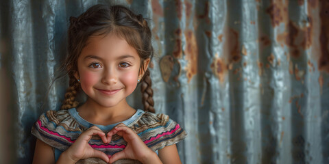 Smiling young girl making heart sign, rustic background
