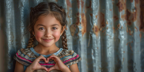 Fototapeta premium Smiling young girl making heart sign, rustic background