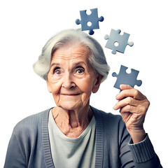 The concept of Alzheimer's disease, An elderly woman, symbolic puzzles, holding the brain, World mental health, Memory loss, dementia, Parkinson's disease