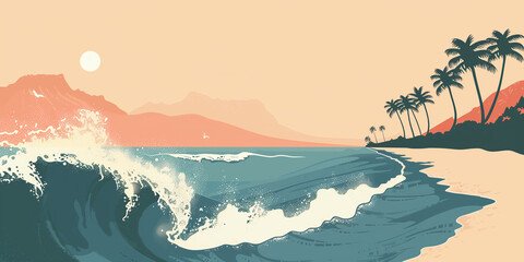 Illustration of a serene tropical beach scene at sunset, featuring rolling waves and silhouetted palm trees