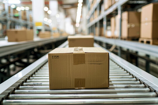 Cardboard box on conveyor belt in a modern distribution warehouse.