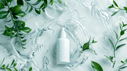 Skincare serum bottle with dropper, amidst water and fresh green leaves.