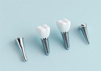 Dental implant components separated and aligned on a light blue background.