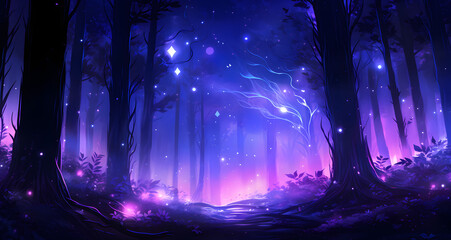 a colorful scene with glowing purple and blue trees