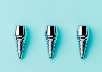Dental implant components separated and aligned on a light blue background.