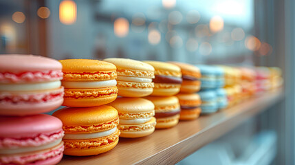 Assorted macarons in a window display, with a cozy café interior backdrop. - obrazy, fototapety, plakaty