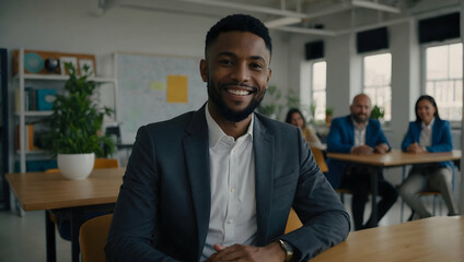 Fototapeta premium Young smart african-american businessman, smiling face, standing in blur background of creative colorful office interior design. Happy,healthy life.