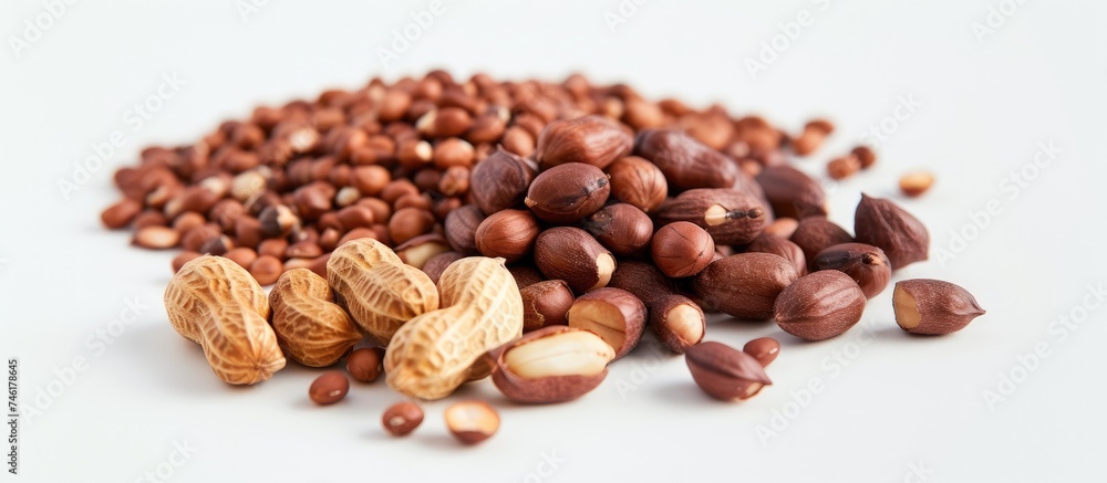 Poster a collection of peanuts with skin and bean pods from south korea are stacked neatly on a pristine wh
