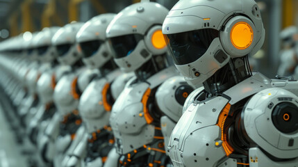 An assembly line of robots working alongside humans in a factory demonstrating the integration of AI in traditional industries. With AIpowered machines handling repetitive