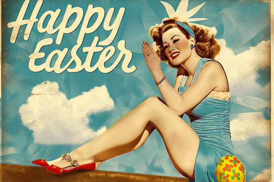 vintage pin up easter postcard with pin up girl, generative AI
