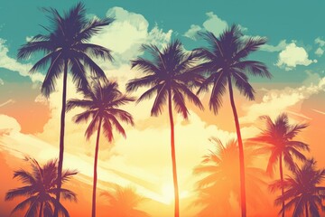 Fototapeta na wymiar Vintage Retro palm beach sky. Sunrise island. Generate Ai