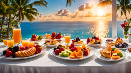 The hotel's rich and delicious breakfast, fruits and desserts, and the beautiful tropical scenery outside the window
