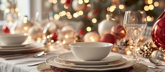 A festive table set for Christmas dinner with a beautifully decorated table and a Christmas tree in...