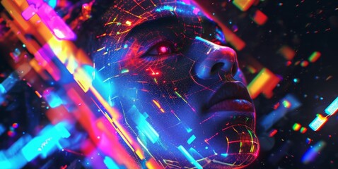 A holographic selfportrait the subject adorned with neon body paint and surrounded by glitchy digital patterns.
