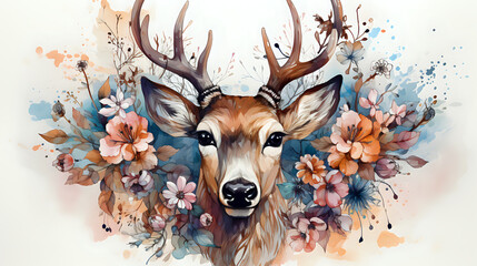 Whimsical Deer with Floral Antlers Illustration. A captivating artwork of a deer with a crown of flowers, perfect for nature-themed decor and creative uses.