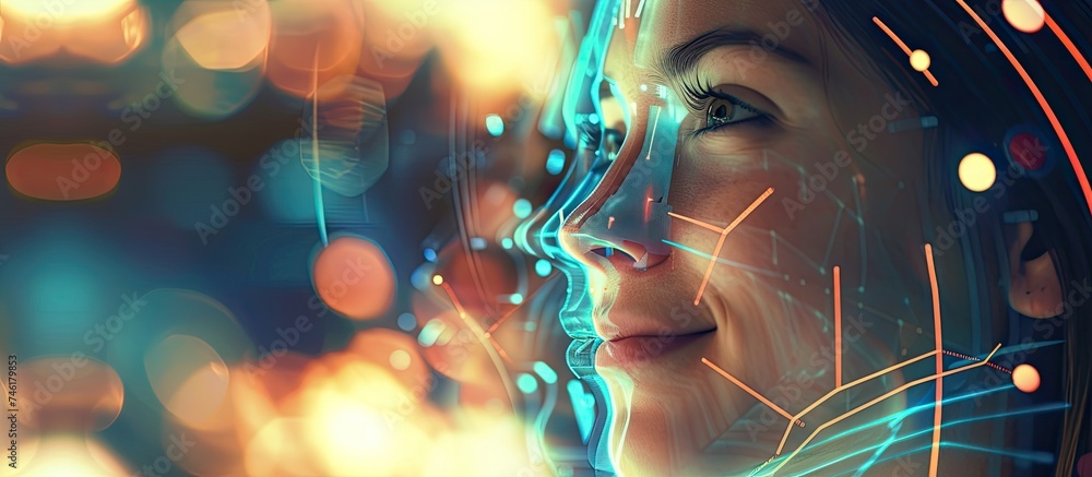 Poster a womans face is reflected in a futuristic mirror, showcasing advanced biometric iris or face scanni
