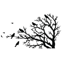 A set of silhouettes of a graceful tree blooming flowers with birds.
