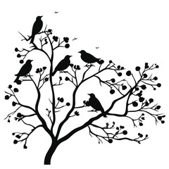 A set of silhouettes of a graceful tree blooming flowers with birds.
