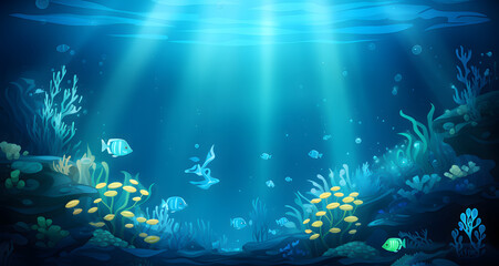 a dark undersea scene with fishes coral reefs and seaweed