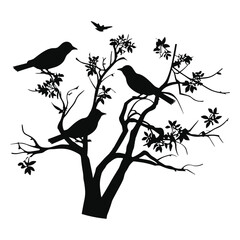 A set of silhouettes of a graceful tree blooming flowers with birds.
