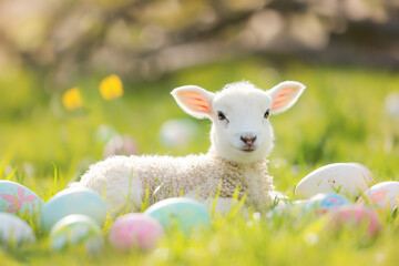little lamb of god lies on green grass among colorful eggs for easter, generative AI - obrazy, fototapety, plakaty