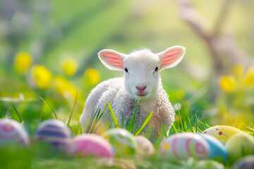 Obraz premium little lamb of god lies on green grass among colorful eggs for easter, generative AI