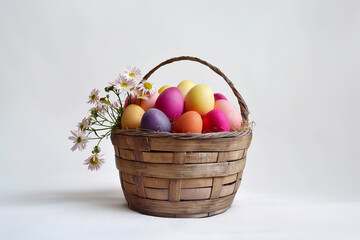 Fototapeta na wymiar colorful easter eggs in a wicker basket for an easter postcard, generative AI