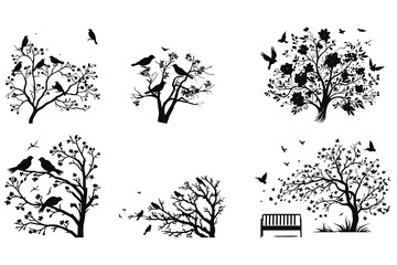 A set of silhouettes of a graceful tree blooming flowers with birds.
